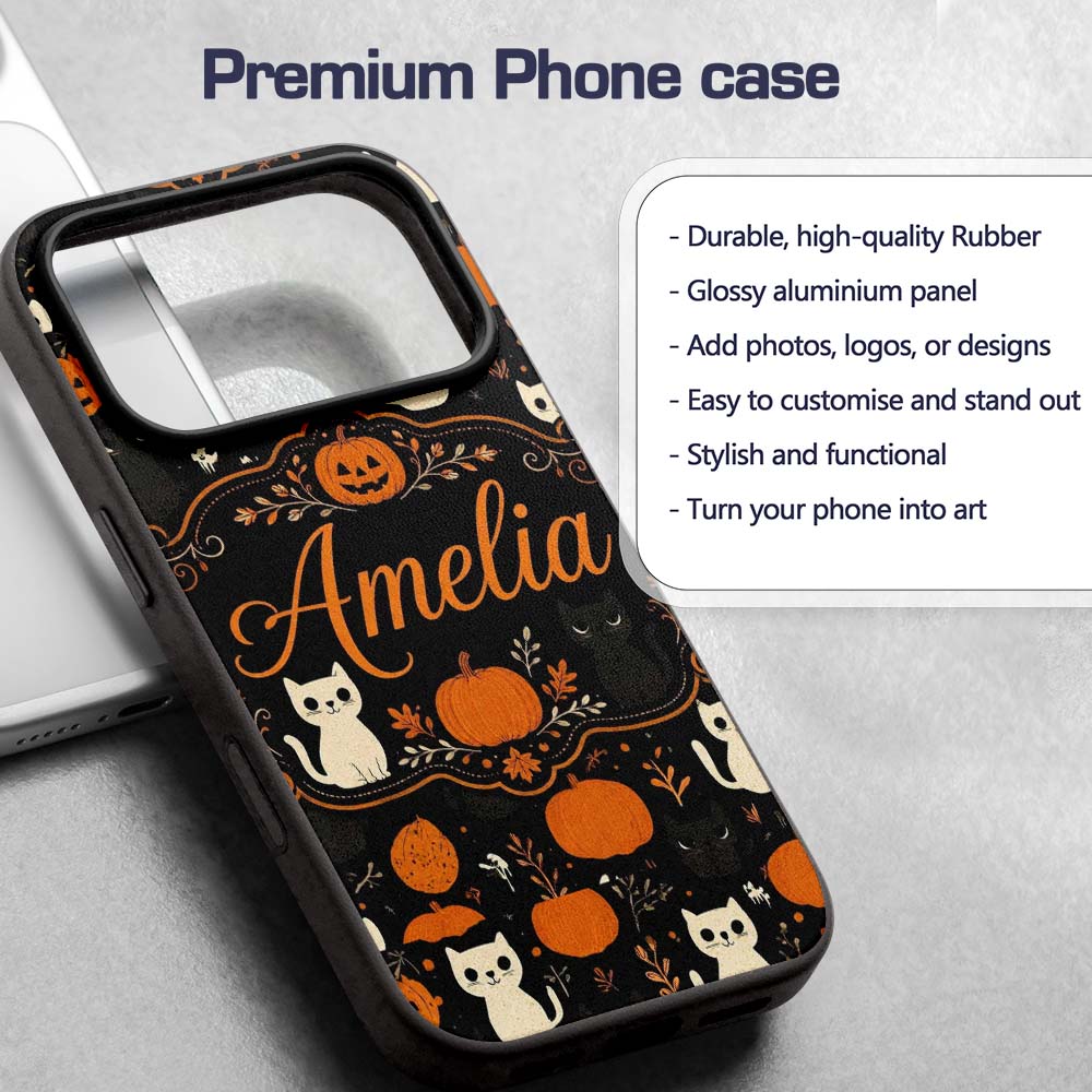 Cute Halloween Cats Pumpkins Ghosts Seamless Custom Name Protective Phone Case Mobile Cover Durable Everyday Smartphone Shock Resistant