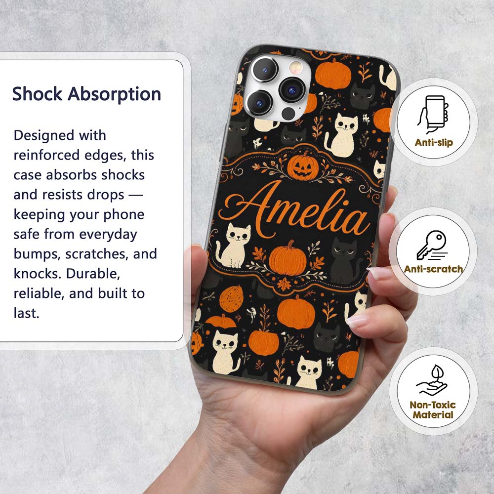 Cute Halloween Cats Pumpkins Ghosts Seamless Custom Name Protective Phone Case Mobile Cover Durable Everyday Smartphone Shock Resistant