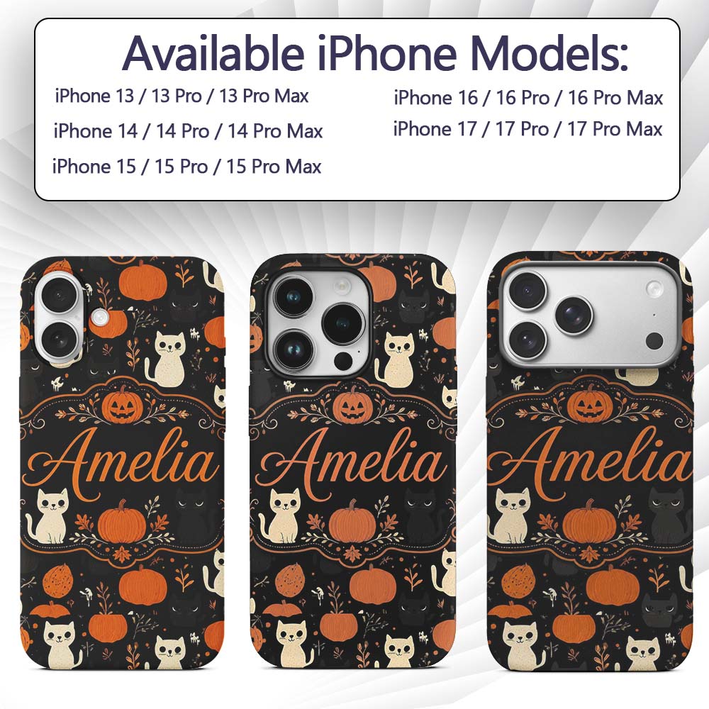 Cute Halloween Cats Pumpkins Ghosts Seamless Custom Name Protective Phone Case Mobile Cover Durable Everyday Smartphone Shock Resistant