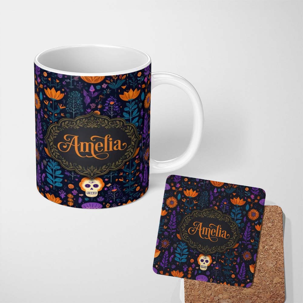Personalized Custom Name Mystic Floral Skull Dark Garden Seamless Pattern Name Cute Unique 11oz Ceramic Coffee Tea Mug White Large Handle