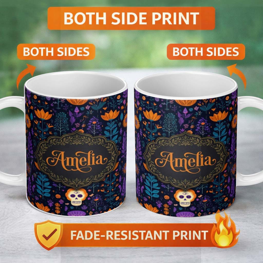 Personalized Custom Name Mystic Floral Skull Dark Garden Seamless Pattern Name Cute Unique 11oz Ceramic Coffee Tea Mug White Large Handle