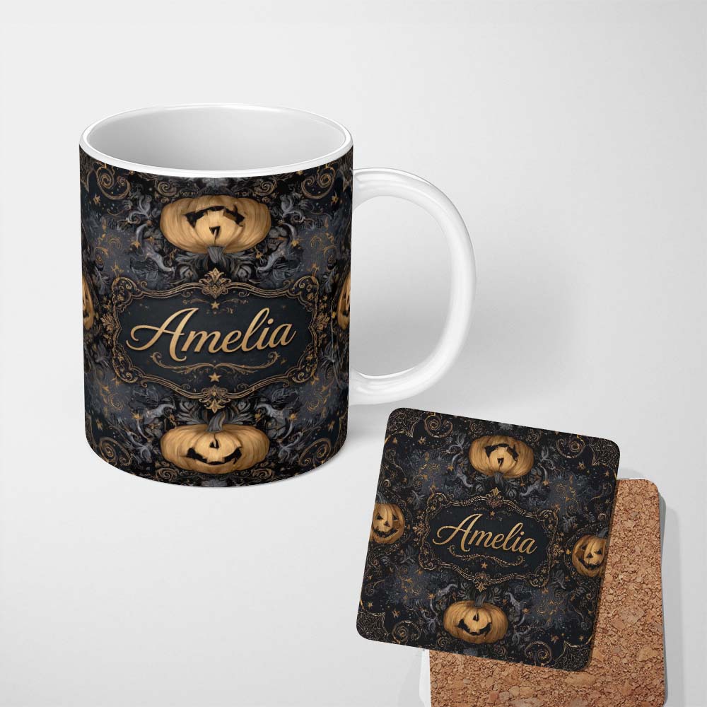 Personalized Custom Name Elegant Gothic Pumpkin Ornate Seamless Pattern Name Cute Unique Gift 11oz Ceramic Coffee Tea Mug White Large Handle