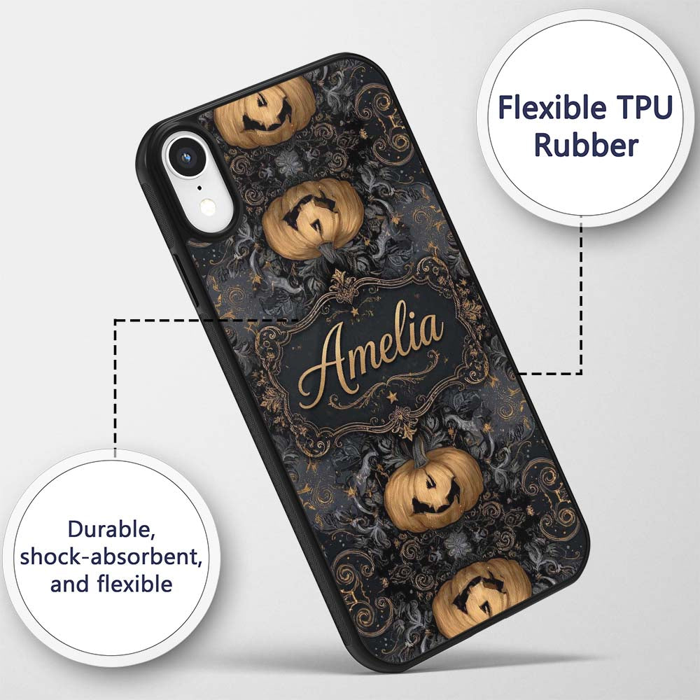 Elegant Gothic Pumpkin Ornate Seamless Pattern Custom Name Protective Phone Case Mobile Cover Durable Everyday Smartphone Shock Resistant