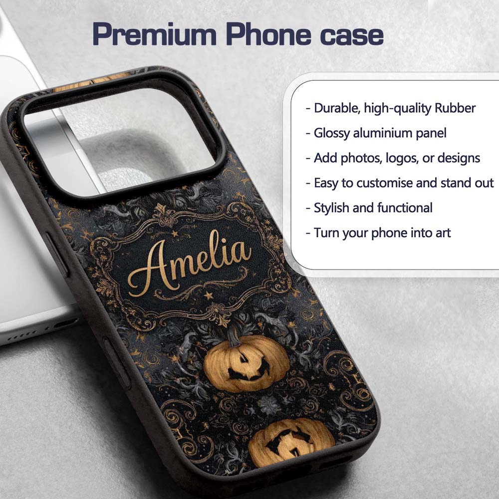 Elegant Gothic Pumpkin Ornate Seamless Pattern Custom Name Protective Phone Case Mobile Cover Durable Everyday Smartphone Shock Resistant