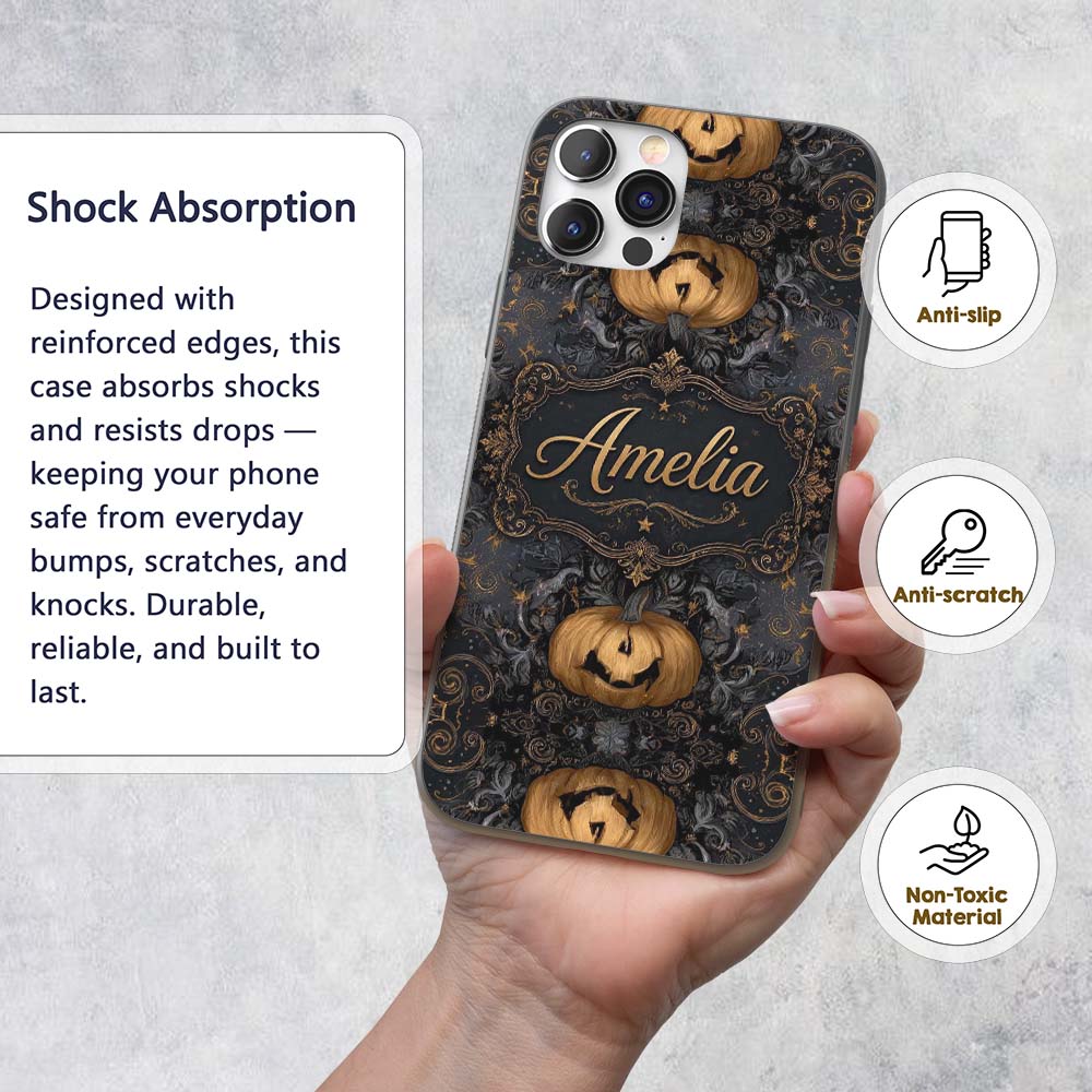 Elegant Gothic Pumpkin Ornate Seamless Pattern Custom Name Protective Phone Case Mobile Cover Durable Everyday Smartphone Shock Resistant