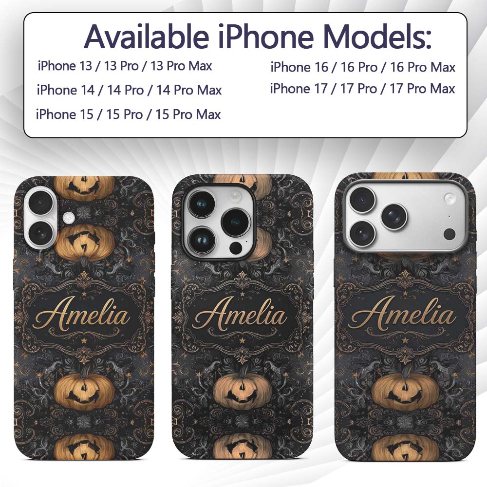 Elegant Gothic Pumpkin Ornate Seamless Pattern Custom Name Protective Phone Case Mobile Cover Durable Everyday Smartphone Shock Resistant