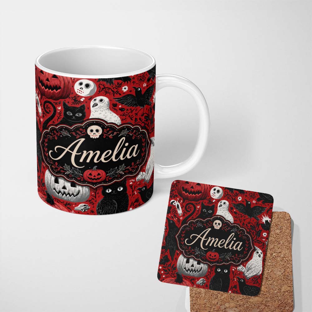 Personalized Custom Name Halloween Cat Owl Pumpkin Red Background Seamless Pattern Custom 11oz Ceramic Coffee Tea Mug White Large Handle