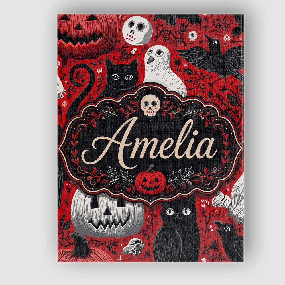 Personalised Name Halloween Cat Owl Pumpkin Custom Bespoke Interior Contemporary Canvas Wall Art Print Decor Picture Ready to Hang