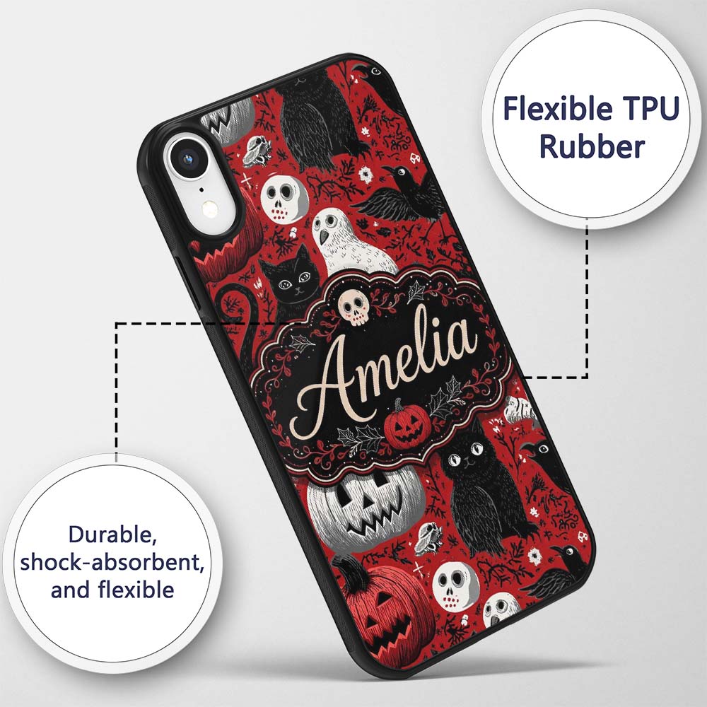 Halloween Cat Owl Pumpkin Red Background Seamless Custom Name Protective Phone Case Mobile Cover Durable Everyday Smartphone Shock Resistant