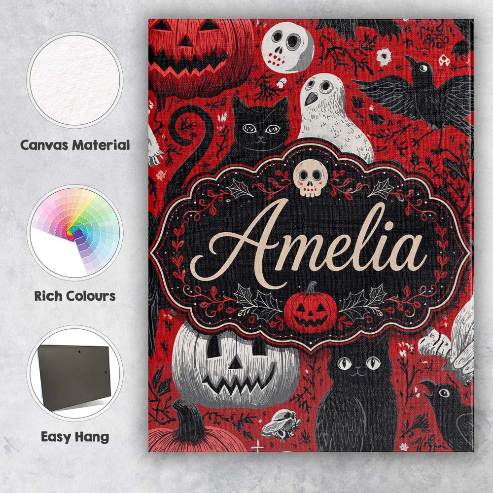Personalised Name Halloween Cat Owl Pumpkin Custom Bespoke Interior Contemporary Canvas Wall Art Print Decor Picture Ready to Hang