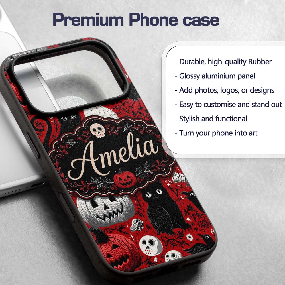Halloween Cat Owl Pumpkin Red Background Seamless Custom Name Protective Phone Case Mobile Cover Durable Everyday Smartphone Shock Resistant