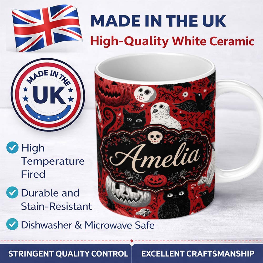 Personalized Custom Name Halloween Cat Owl Pumpkin Red Background Seamless Pattern Custom 11oz Ceramic Coffee Tea Mug White Large Handle