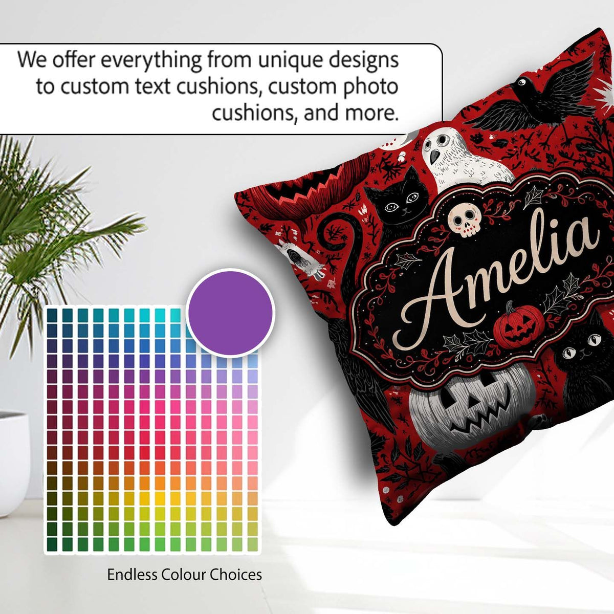 Custom Name Halloween Cat Owl Pumpkin Background Seamless Custom Square Filled Cushion Throw Pillow Sofa Bed Home Decor Zip Washable UK Made