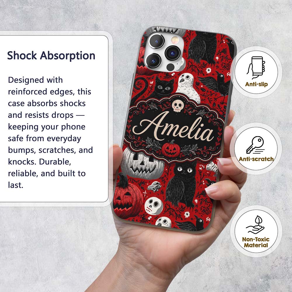 Halloween Cat Owl Pumpkin Red Background Seamless Custom Name Protective Phone Case Mobile Cover Durable Everyday Smartphone Shock Resistant
