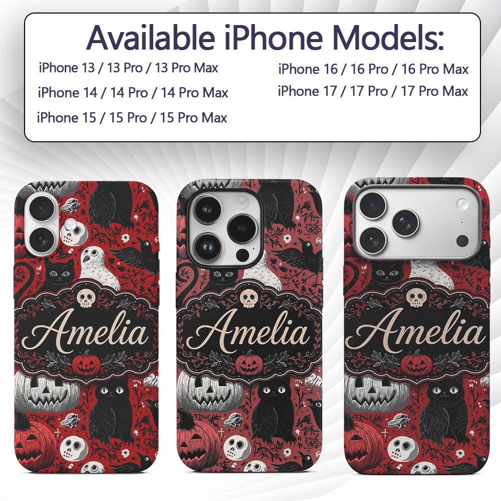 Halloween Cat Owl Pumpkin Red Background Seamless Custom Name Protective Phone Case Mobile Cover Durable Everyday Smartphone Shock Resistant