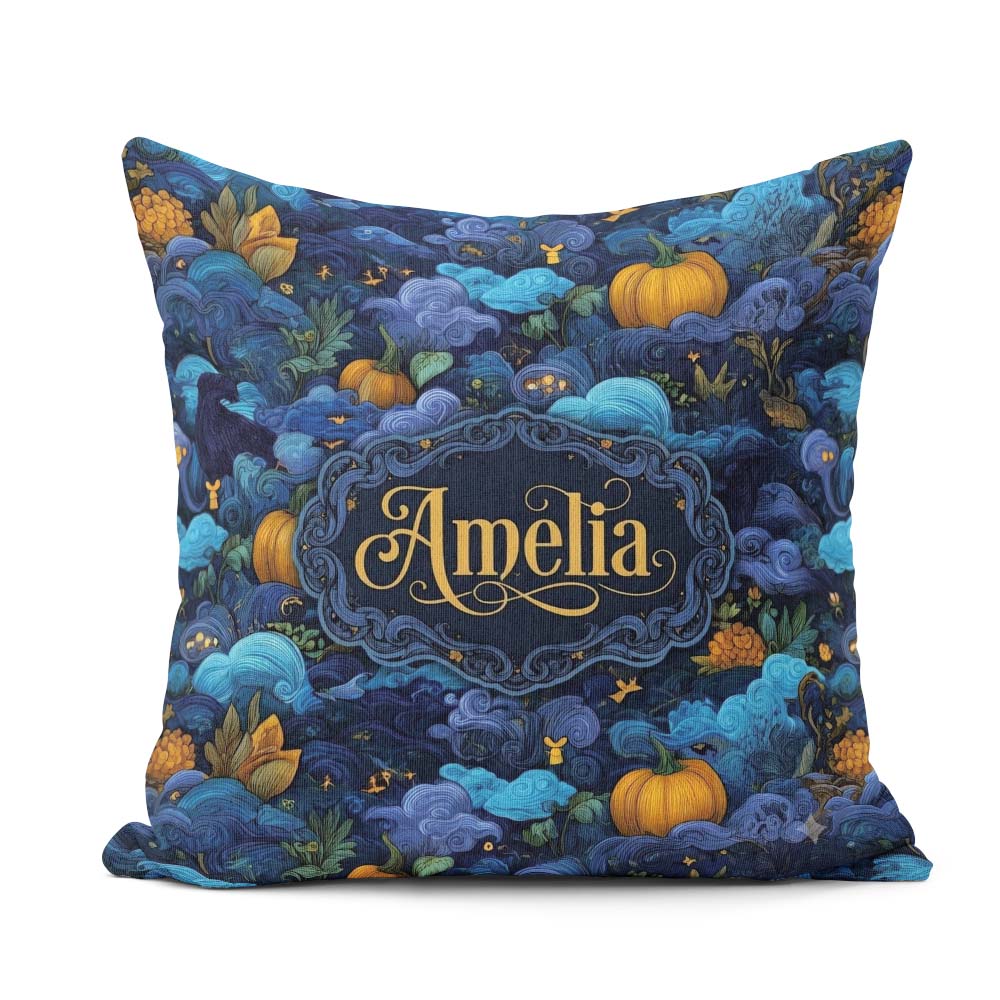 Custom Name Abstract Blue Pumpkin Fantasy Landscape Pattern Name Square Filled Cushion Throw Pillow Sofa Bed Home Decor Zip Washable UK Made