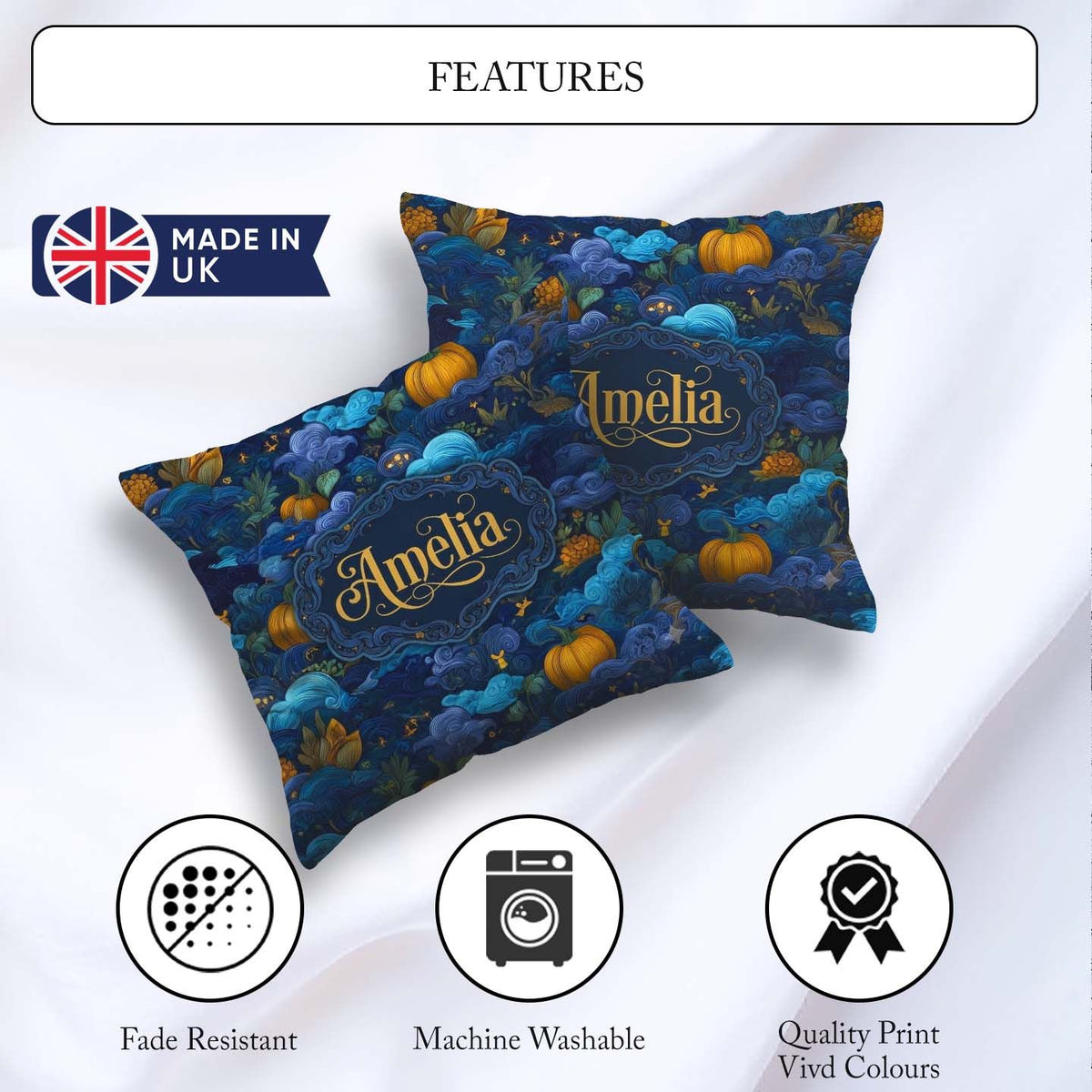 Custom Name Abstract Blue Pumpkin Fantasy Landscape Pattern Name Square Filled Cushion Throw Pillow Sofa Bed Home Decor Zip Washable UK Made