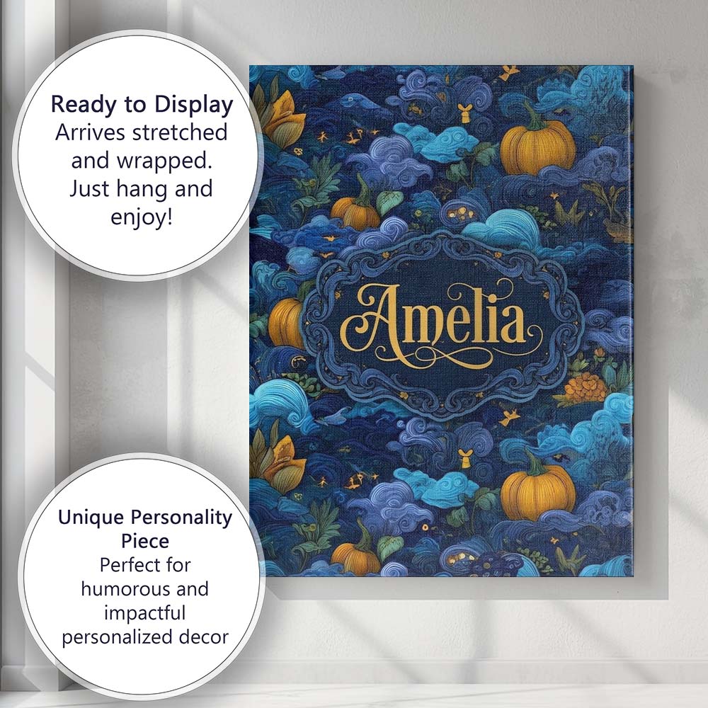 Personalised Name Abstract Blue Pumpkin Custom Modern Room Accent Elegant Feature Canvas Wall Art Print Decor Picture Ready to Hang