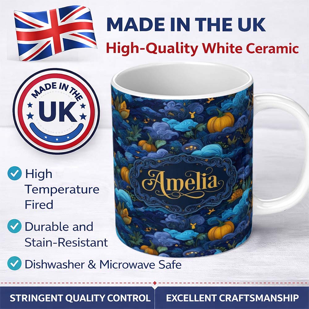 Personalized Custom Name Abstract Blue Pumpkin Fantasy Landscape Seamless Pattern Name Cute 11oz Ceramic Coffee Tea Mug White Large Handle