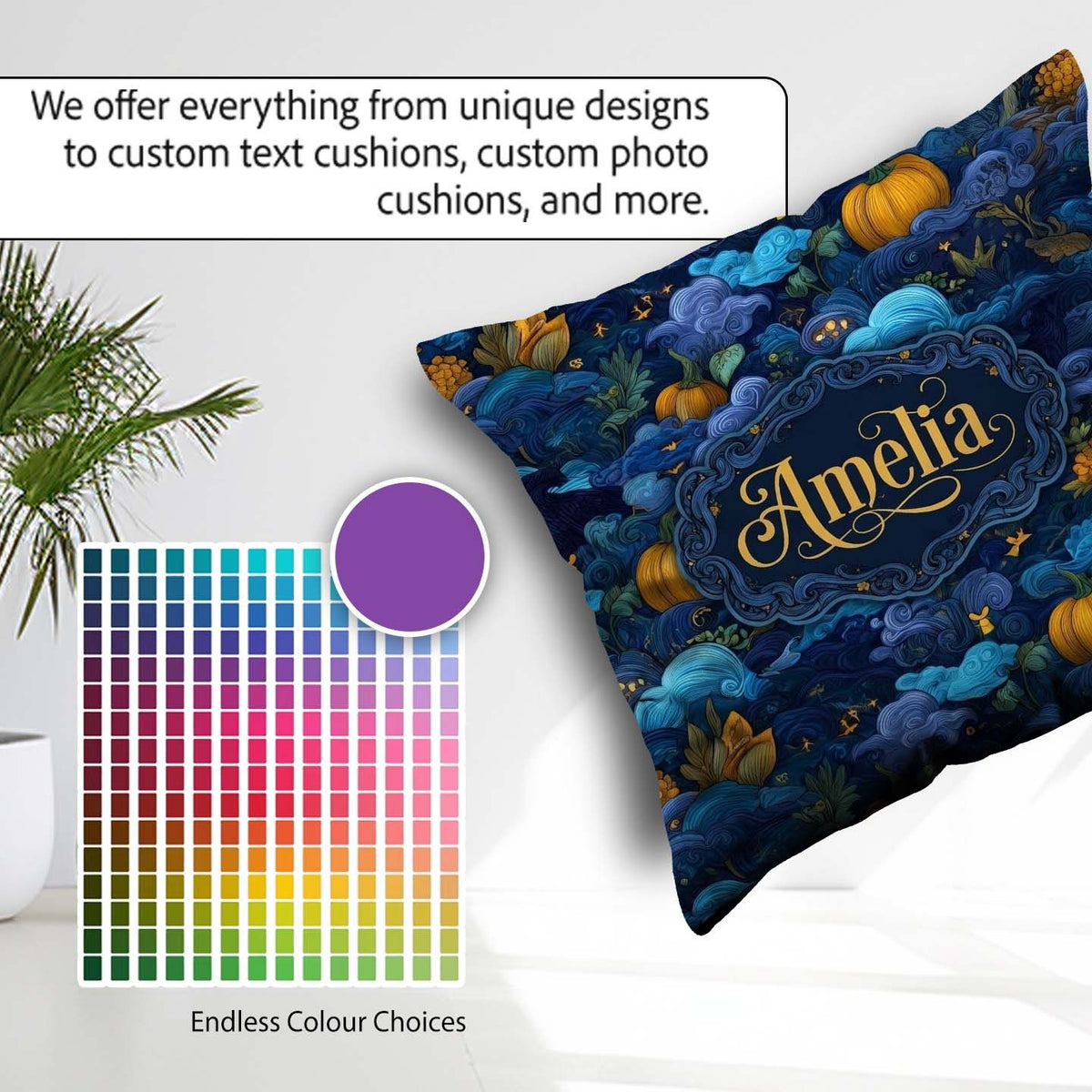 Custom Name Abstract Blue Pumpkin Fantasy Landscape Pattern Name Square Filled Cushion Throw Pillow Sofa Bed Home Decor Zip Washable UK Made