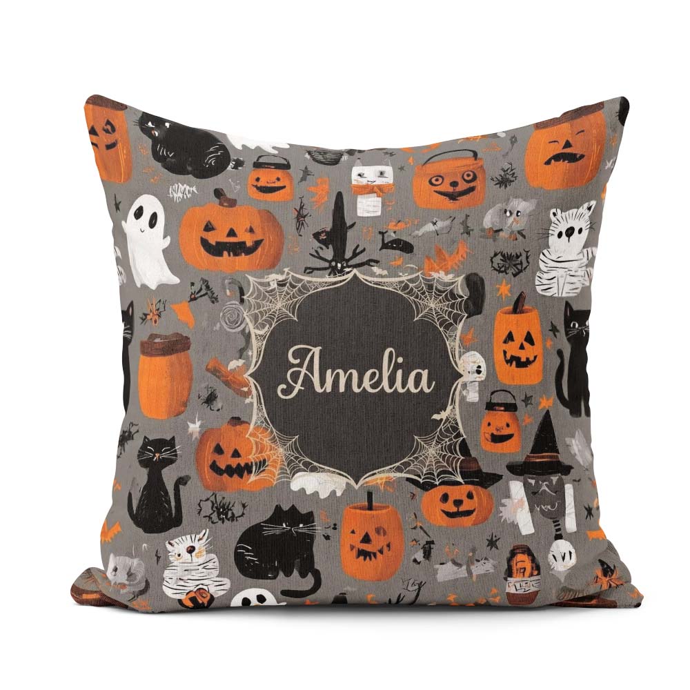 Custom Name Halloween Ghost Pumpkin Witch Seamless Pattern Name Square Filled Cushion Throw Pillow Sofa Bed Home Decor Zip Washable UK Made