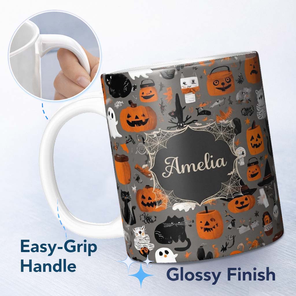 Personalized Custom Name Cute Halloween Ghost Pumpkin Witch Seamless Pattern Name Unique Gift 11oz Ceramic Coffee Tea Mug White Large Handle