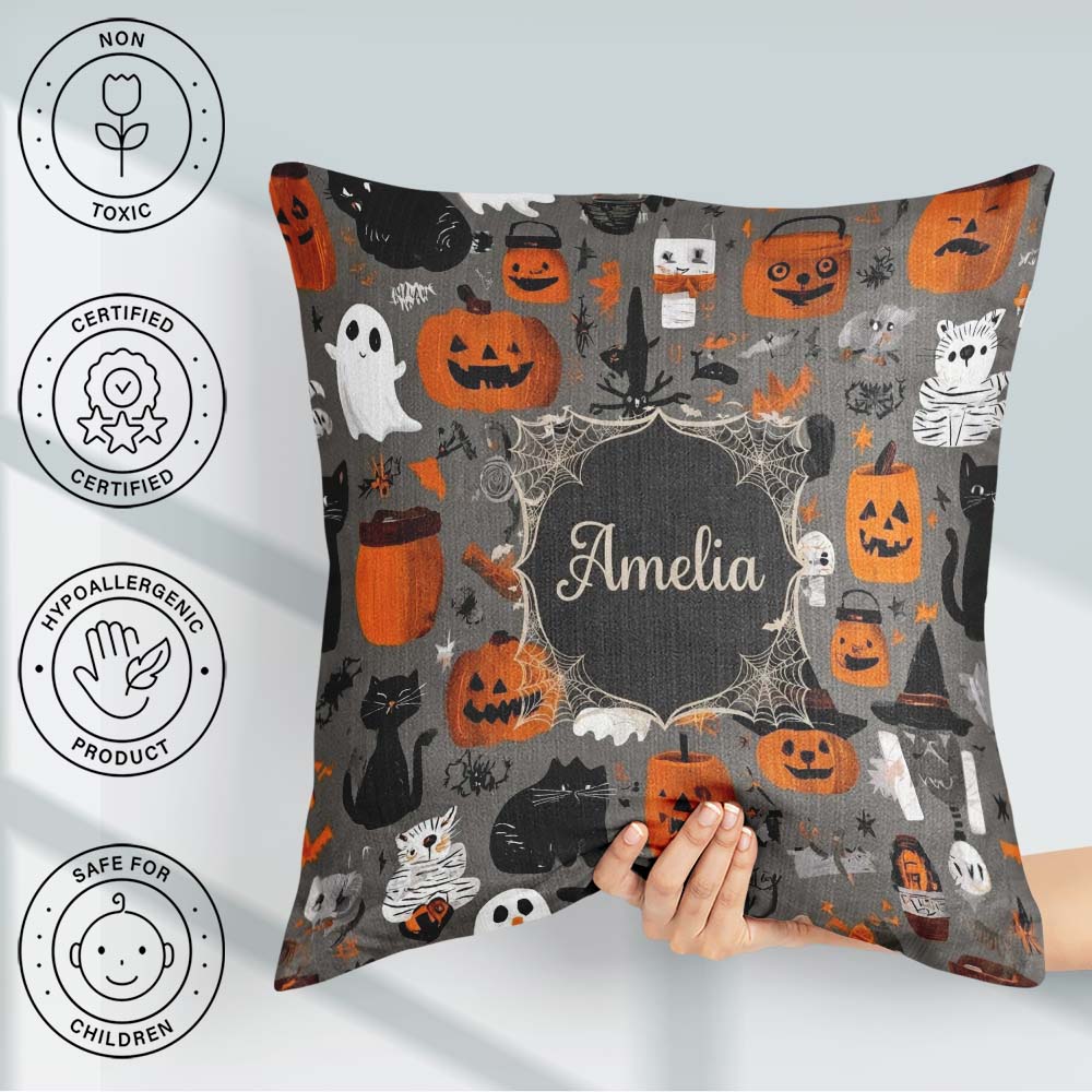 Custom Name Halloween Ghost Pumpkin Witch Seamless Pattern Name Square Filled Cushion Throw Pillow Sofa Bed Home Decor Zip Washable UK Made