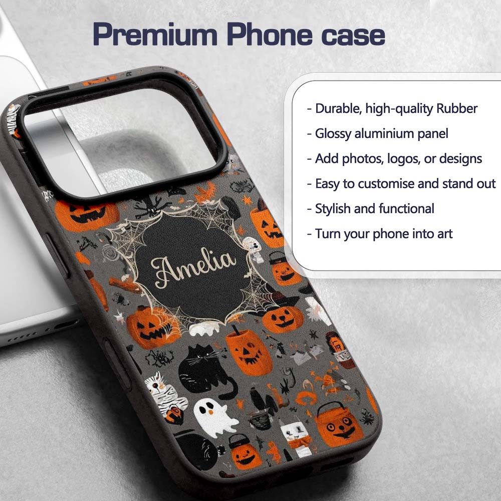 Cute Halloween Ghost Pumpkin Witch Printed Design Custom Name Protective Phone Case Mobile Cover Durable Everyday Smartphone Shock Resistant