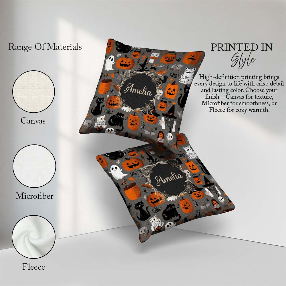 Custom Name Halloween Ghost Pumpkin Witch Seamless Pattern Name Square Filled Cushion Throw Pillow Sofa Bed Home Decor Zip Washable UK Made