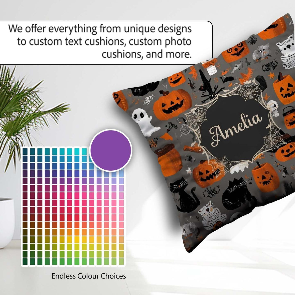 Custom Name Halloween Ghost Pumpkin Witch Seamless Pattern Name Square Filled Cushion Throw Pillow Sofa Bed Home Decor Zip Washable UK Made
