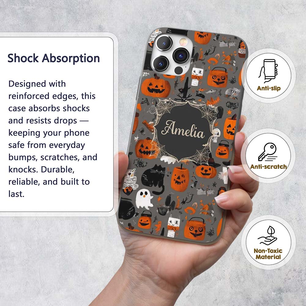 Cute Halloween Ghost Pumpkin Witch Printed Design Custom Name Protective Phone Case Mobile Cover Durable Everyday Smartphone Shock Resistant