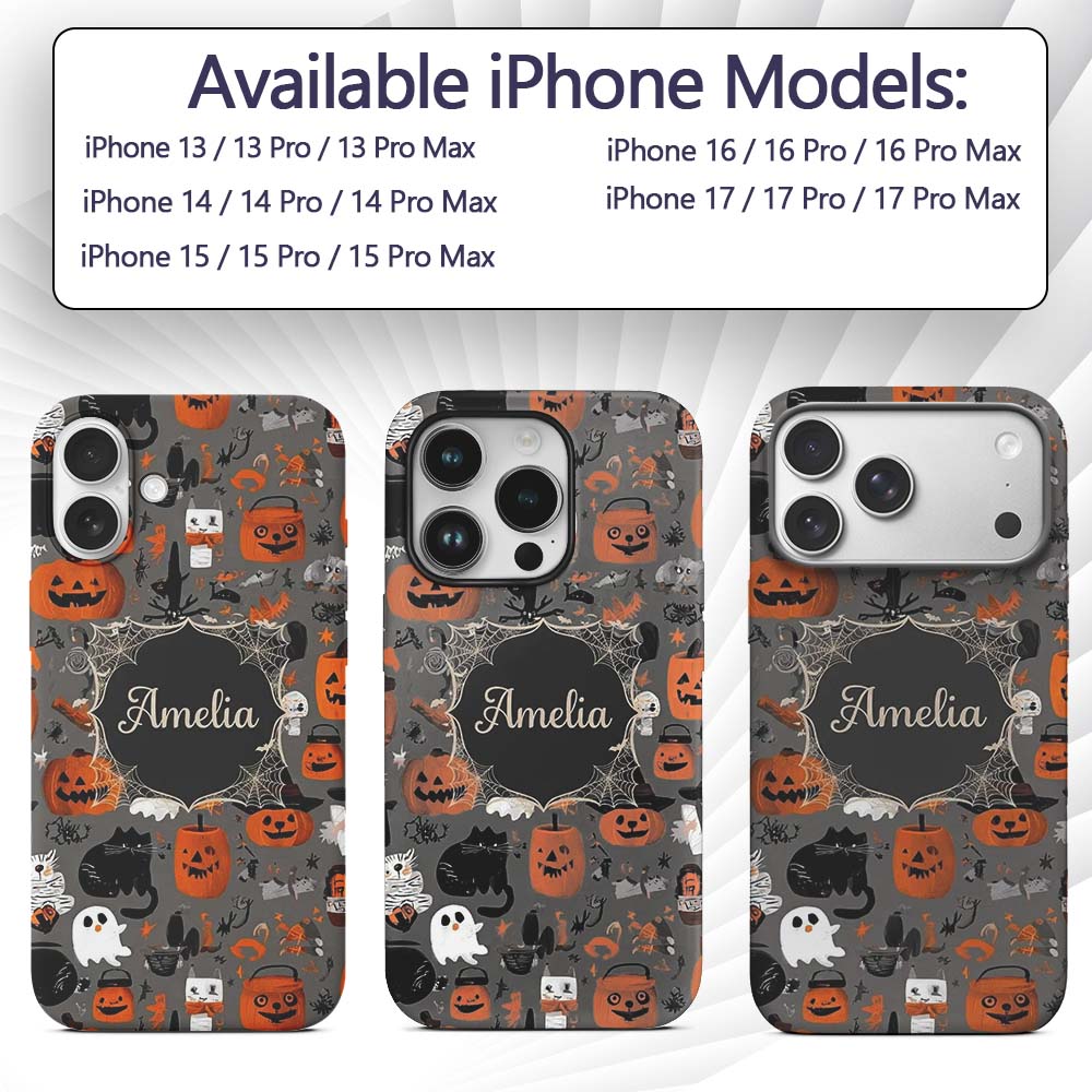Cute Halloween Ghost Pumpkin Witch Printed Design Custom Name Protective Phone Case Mobile Cover Durable Everyday Smartphone Shock Resistant