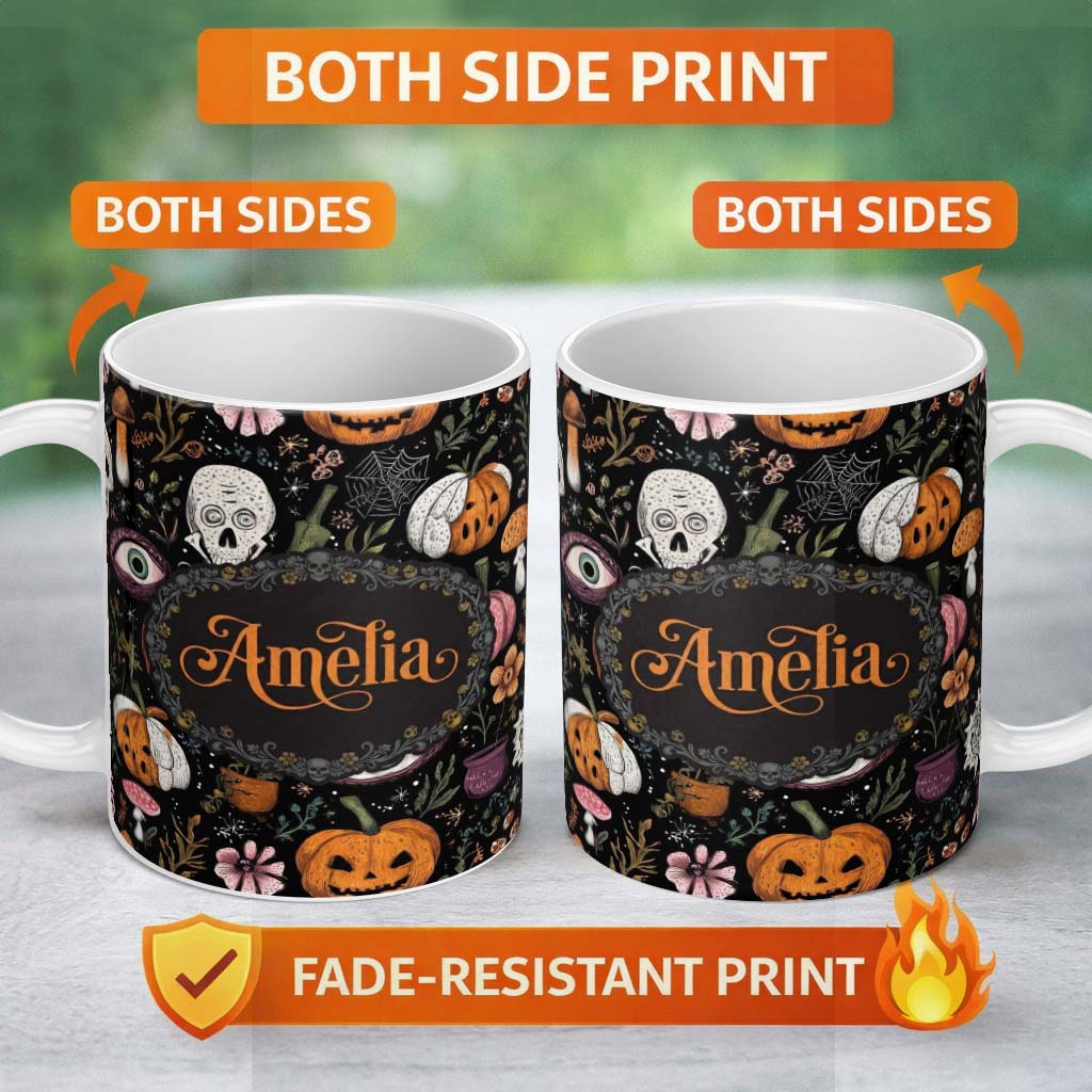 Personalized Custom Name Spooky Skull Eye Pumpkin Witchcraft Seamless Pattern Name Cute 11oz Ceramic Coffee Tea Mug White Large Handle