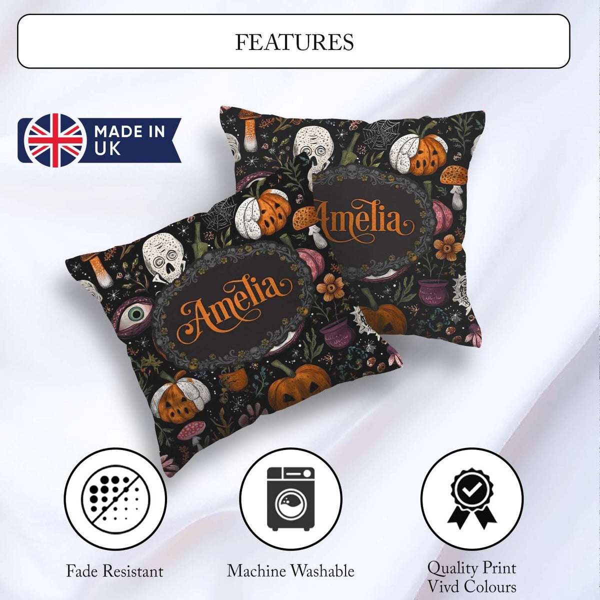 Custom Name Spooky Skull Eye Pumpkin Seamless Pattern Name Cute Square Filled Cushion Throw Pillow Sofa Bed Home Decor Zip Washable UK Made