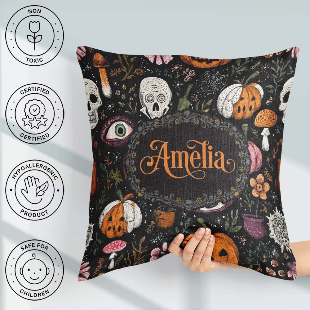 Custom Name Spooky Skull Eye Pumpkin Seamless Pattern Name Cute Square Filled Cushion Throw Pillow Sofa Bed Home Decor Zip Washable UK Made