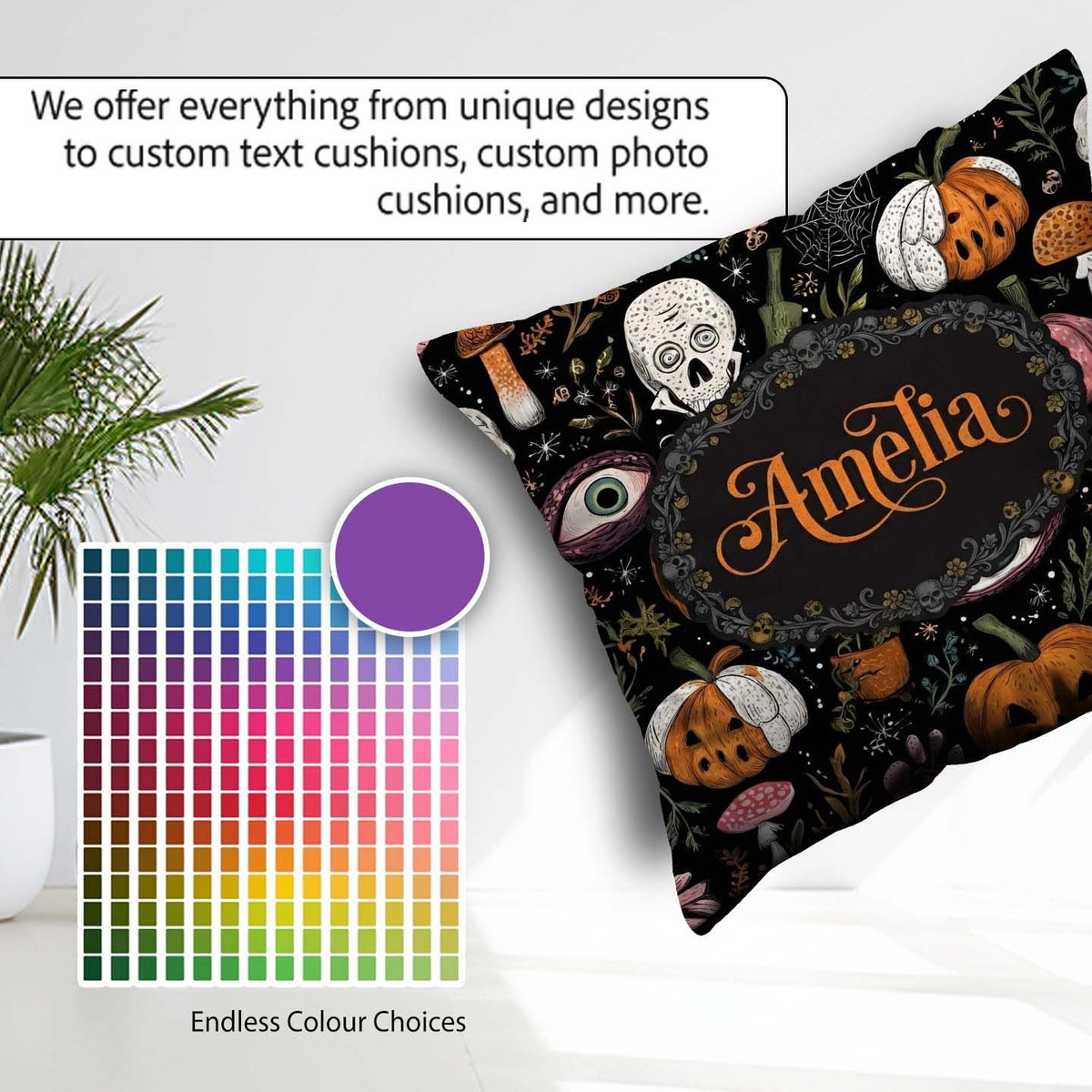 Custom Name Spooky Skull Eye Pumpkin Seamless Pattern Name Cute Square Filled Cushion Throw Pillow Sofa Bed Home Decor Zip Washable UK Made