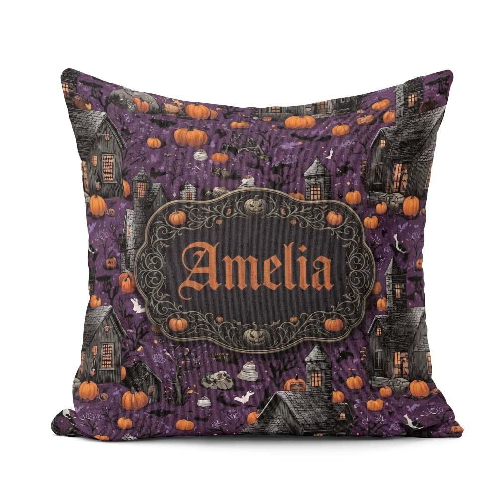 Custom Name Spooky Houses Pumpkins Bats Night Seamless Name Cute Square Filled Cushion Throw Pillow Sofa Bed Home Decor Zip Washable UK Made
