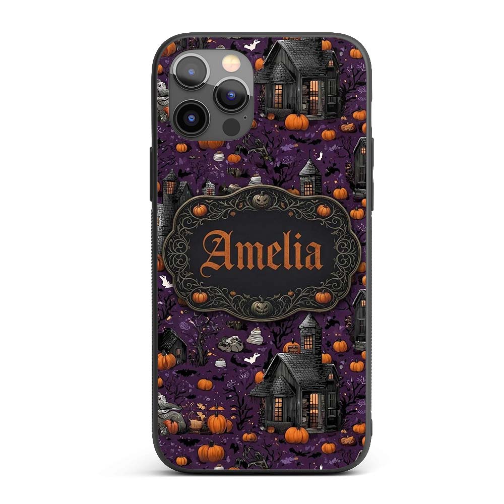 Spooky Haunted Houses Pumpkins Printed Design Custom Name Protective Phone Case Mobile Cover Durable Everyday Smartphone Shock Resistant