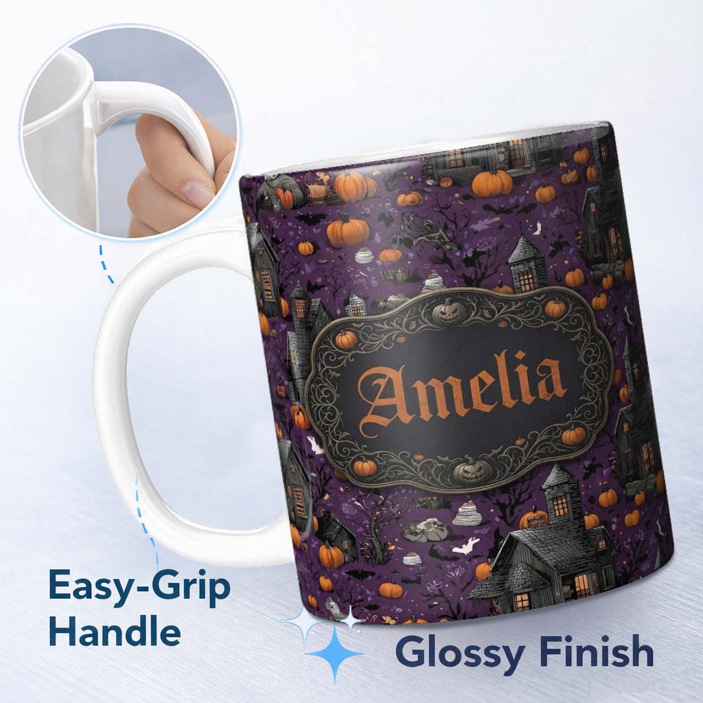 Personalized Custom Name Spooky Haunted Houses Pumpkins Bats Night Seamless Pattern Name Cute 11oz Ceramic Coffee Tea Mug White Large Handle