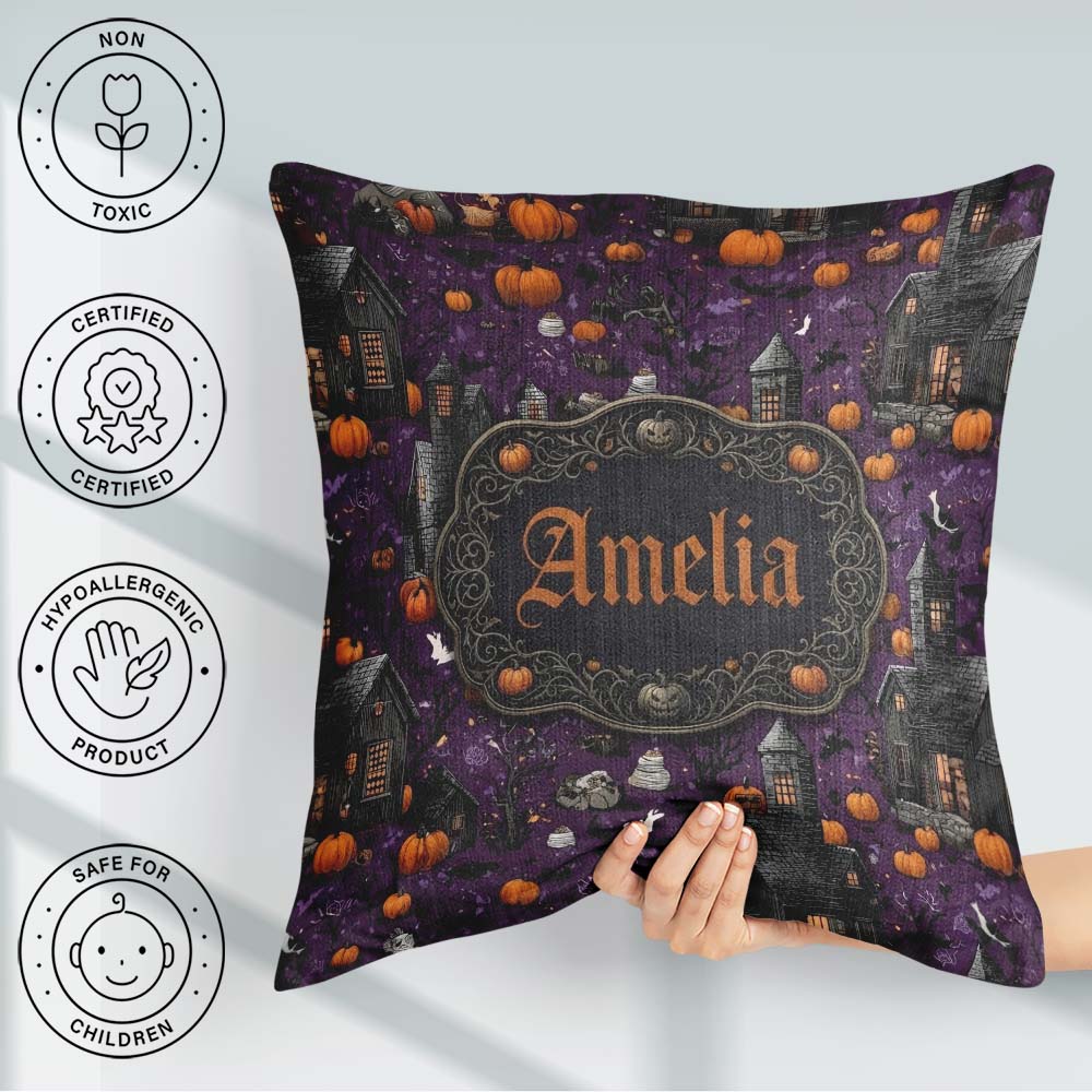 Custom Name Spooky Houses Pumpkins Bats Night Seamless Name Cute Square Filled Cushion Throw Pillow Sofa Bed Home Decor Zip Washable UK Made