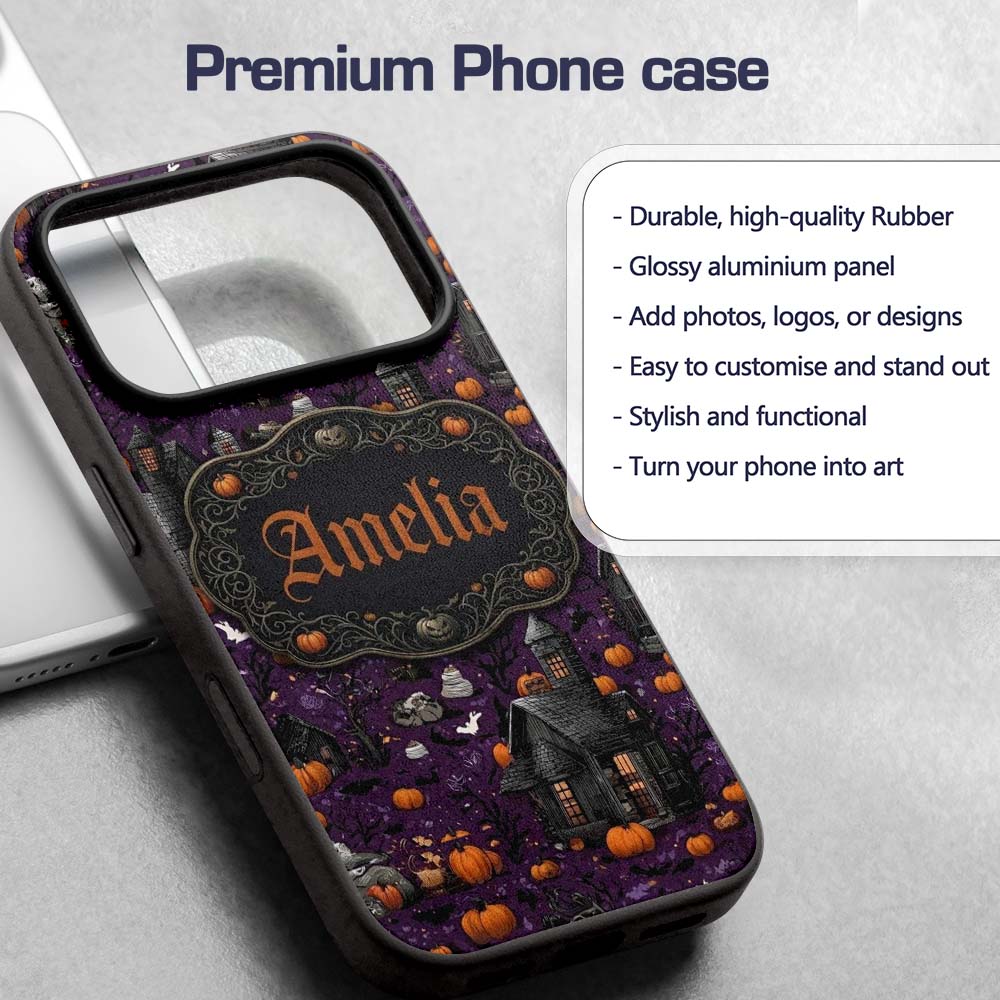 Spooky Haunted Houses Pumpkins Printed Design Custom Name Protective Phone Case Mobile Cover Durable Everyday Smartphone Shock Resistant