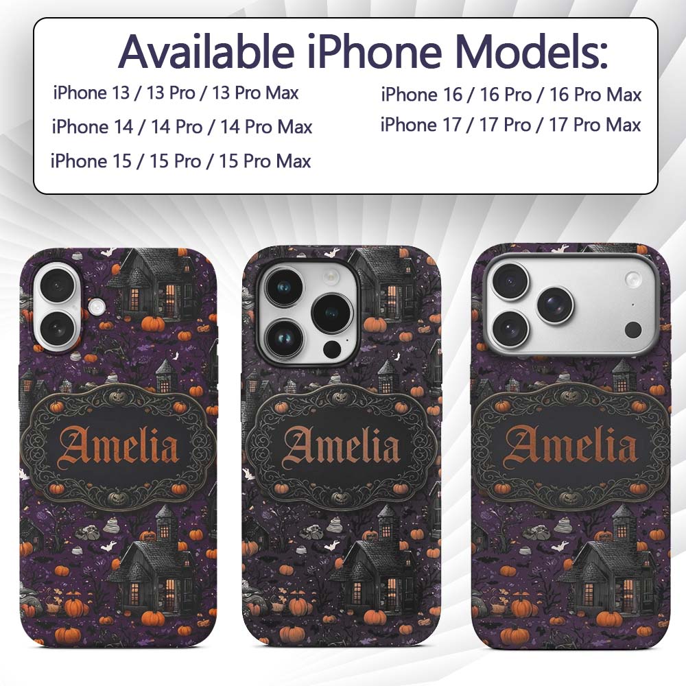 Spooky Haunted Houses Pumpkins Printed Design Custom Name Protective Phone Case Mobile Cover Durable Everyday Smartphone Shock Resistant