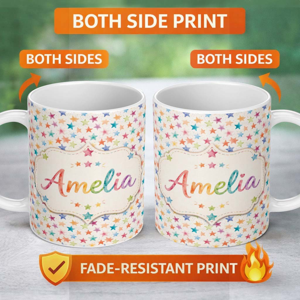 Personalized Custom Name Colorful Watercolor Stars Soft Pastel Seamless Pattern Name Cute 11oz Ceramic Coffee Tea Mug White Large Handle