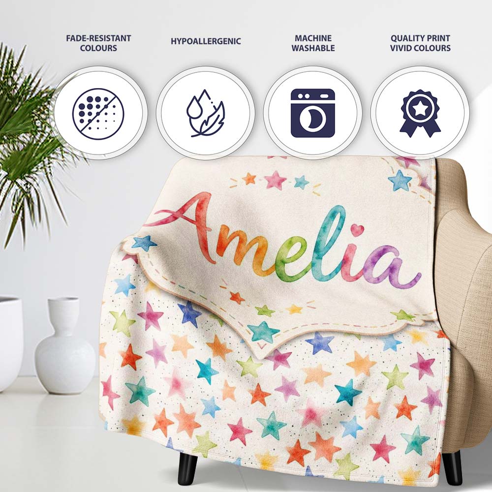 Colorful Watercolor Stars Soft Pastel Seamless Pattern Name Cute Personalised Custom Name Super Soft Fleece Blanket Bed Sofa Throw