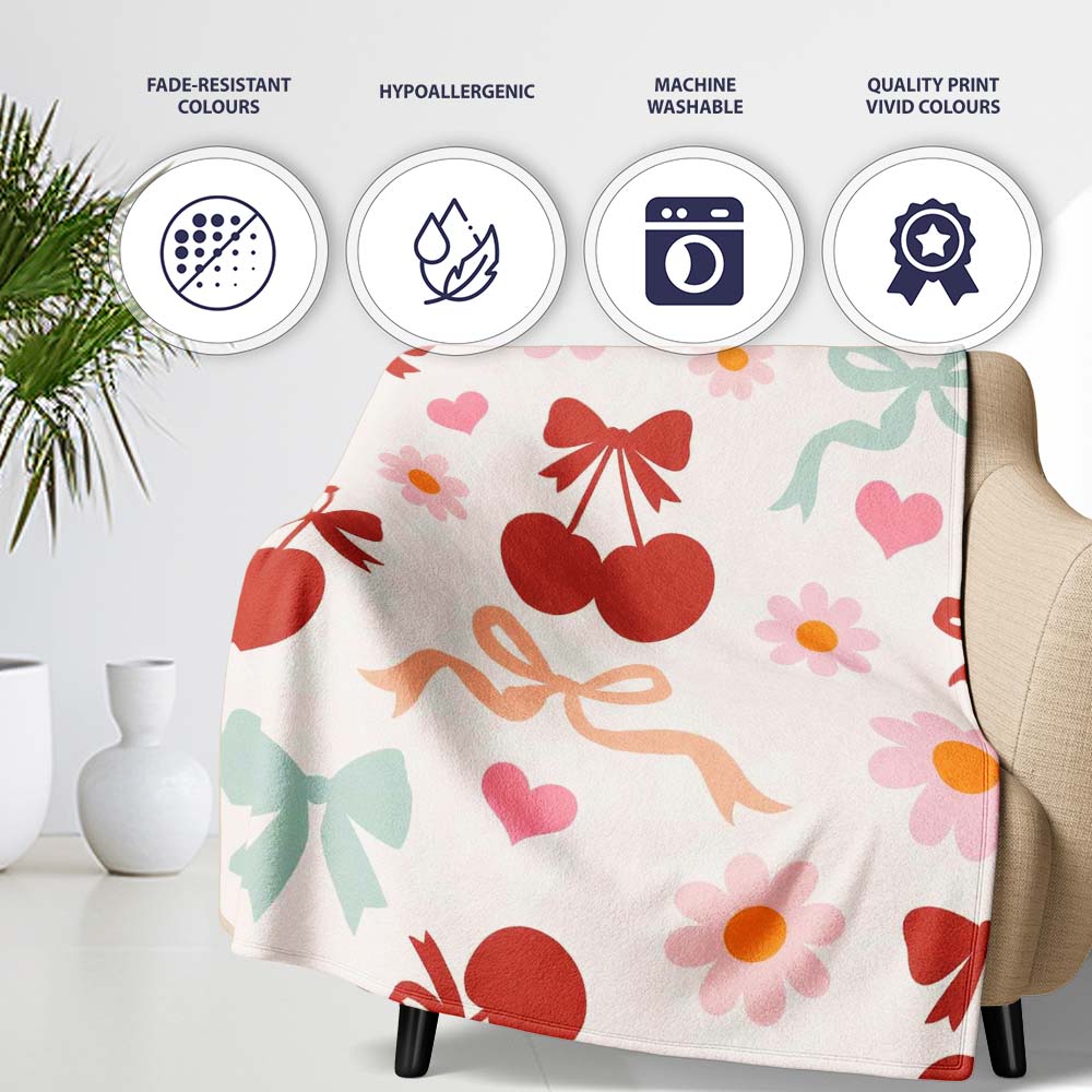 Cute Cherry Bow Daisy Heart Seamless Pattern on Light Neutral Cream Personalised Custom Name Super Soft Fleece Blanket Bed Sofa Throw