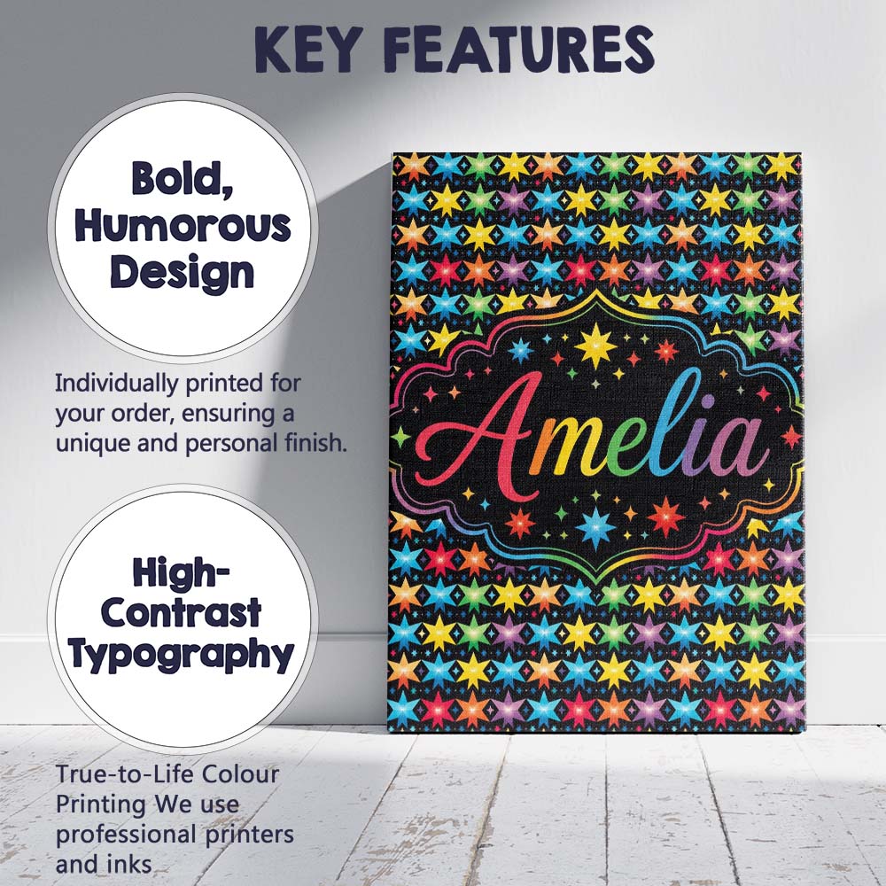 Personalised Name Bright Rainbow Star Custom Modern Room Accent Creative Decorator Style Canvas Wall Art Print Decor Picture Ready to Hang