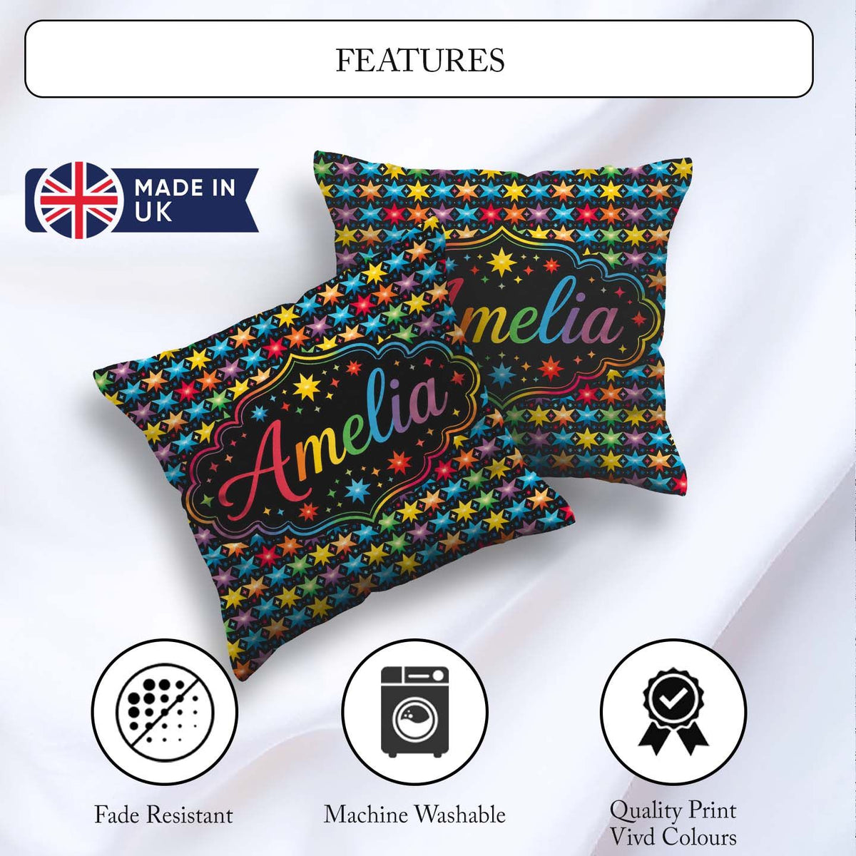 Custom Name Bright Rainbow Star Geometric Seamless Pattern Name Square Filled Cushion Throw Pillow Sofa Bed Home Decor Zip Washable UK Made
