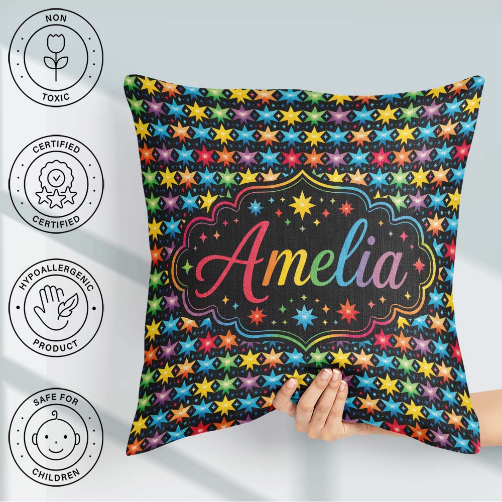 Custom Name Bright Rainbow Star Geometric Seamless Pattern Name Square Filled Cushion Throw Pillow Sofa Bed Home Decor Zip Washable UK Made