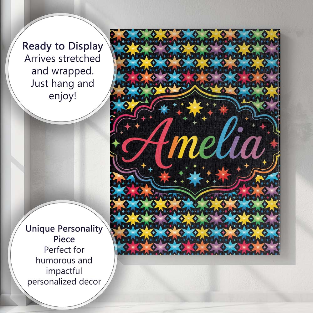 Personalised Name Bright Rainbow Star Custom Modern Room Accent Creative Decorator Style Canvas Wall Art Print Decor Picture Ready to Hang