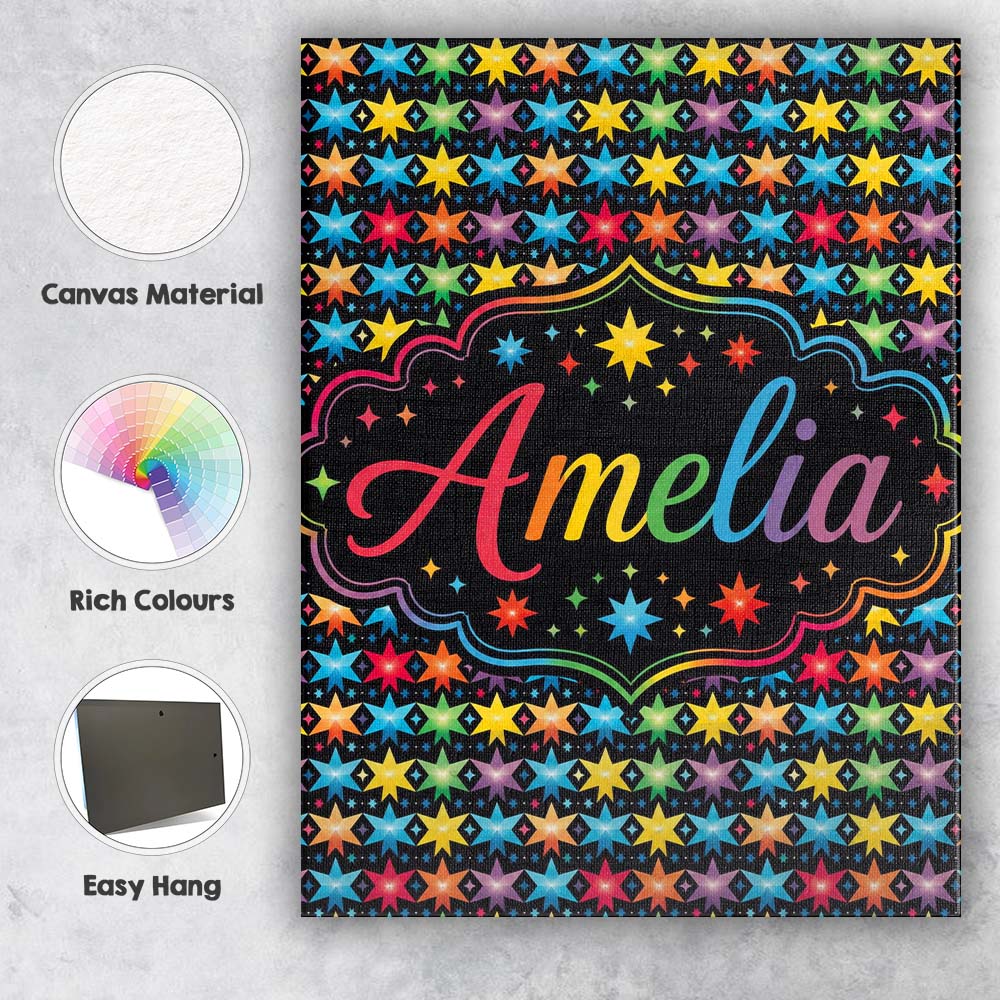 Personalised Name Bright Rainbow Star Custom Modern Room Accent Creative Decorator Style Canvas Wall Art Print Decor Picture Ready to Hang